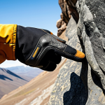A close-up shot of an adventurous person's hands wearing advanced technical climbing gloves, fingers naturally curved around a textured rock surface, demonstrating exceptional grip and precision. The gloves are meticulously designed, appearing like a second skin, with subtle reinforced patches and pre-formed fingers, showcasing modern, durable synthetic fibers. The background hints at a majestic, sunlit mountain landscape. The person is fully clothed in appropriate outdoor adventure attire. safe for work, appropriate content, fully clothed, modest, perfect anatomy, correct proportions, natural pose, well-formed hands, proper finger count, professional outdoor photography, high quality, sharp focus.
