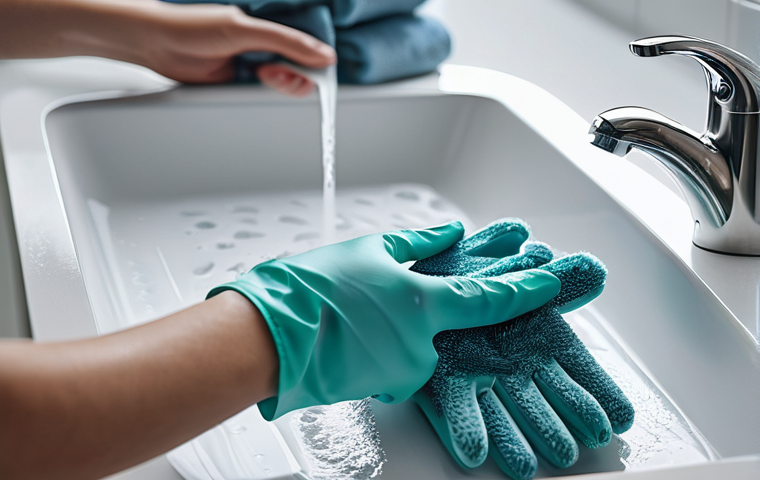 발열 장갑 관리 및 유지법 - A person, dressed in casual clean attire, gently hand-washing a pair of heated gloves in a clean bas...