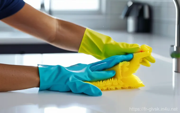 청소용 고무 장갑 내구성 평가 - **Prompt 1: Versatility in Cleaning Gloves**
    "An adult person, dressed in comfortable, modest cl...