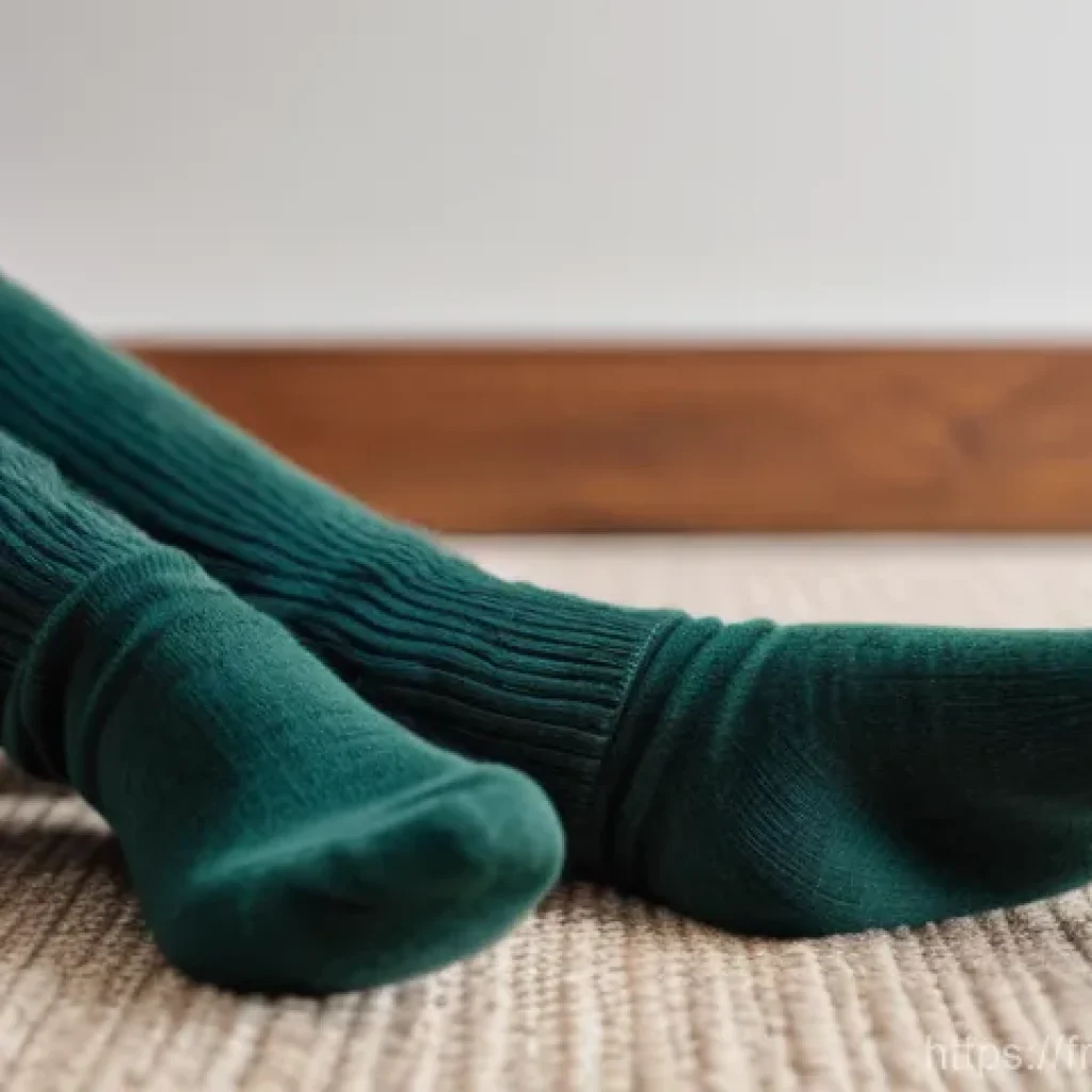 프리미엄 니트 양말 추천 - **Prompt:** A cozy, close-up shot of a person's feet (gender-neutral, 20s-30s) propped comfortably o...