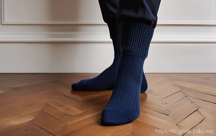 프리미엄 니트 양말 추천 - **Prompt:** A cozy, close-up shot of a person's feet (gender-neutral, 20s-30s) propped comfortably o...