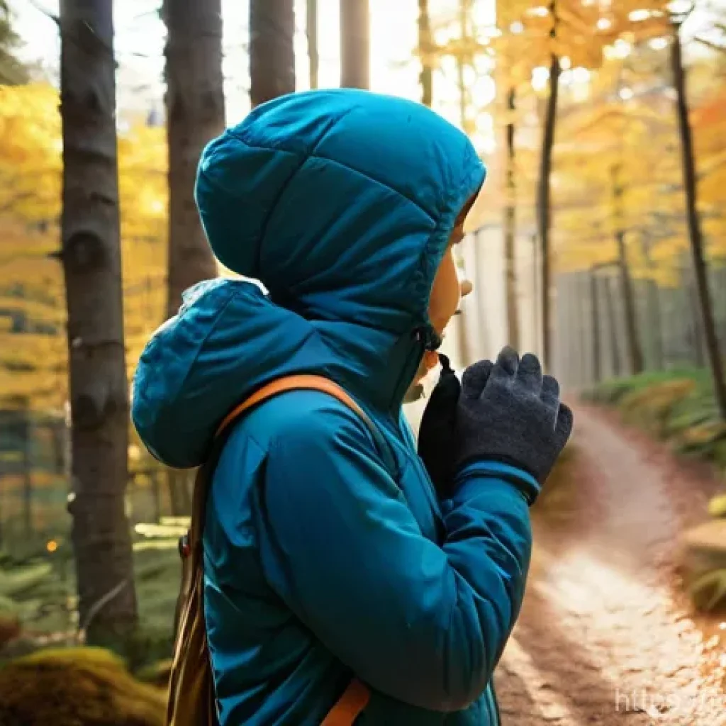 등산 장갑 소재별 특징 - **Prompt:** A close-up shot of an adult hiker's hands, wearing comfortable, breathable merino wool l...