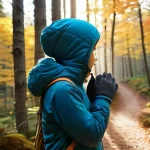 Home 22 등산 장갑 소재별 특징 - **Prompt:** A close-up shot of an adult hiker's hands, wearing comfortable, breathable merino wool l...
