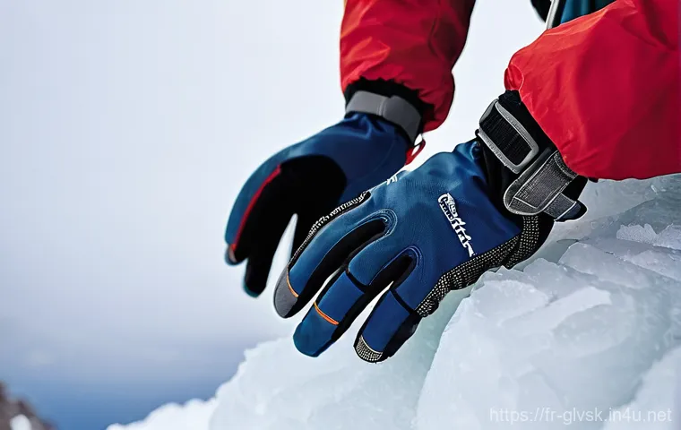 등산 장갑 소재별 특징 - **Prompt:** A close-up shot of an adult hiker's hands, wearing comfortable, breathable merino wool l...
