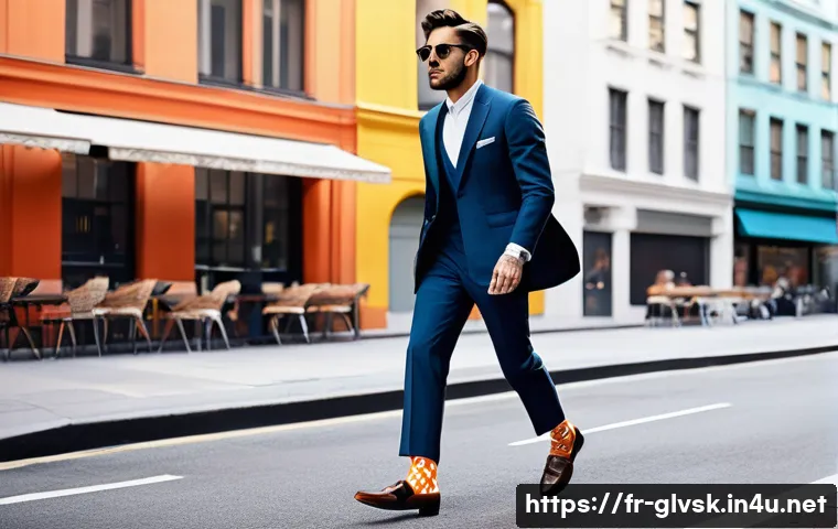 패션과 기능을 겸비한 양말 - **Prompt:** "A fashionable young adult, mid-20s, with a confident and expressive demeanor, walks thr...