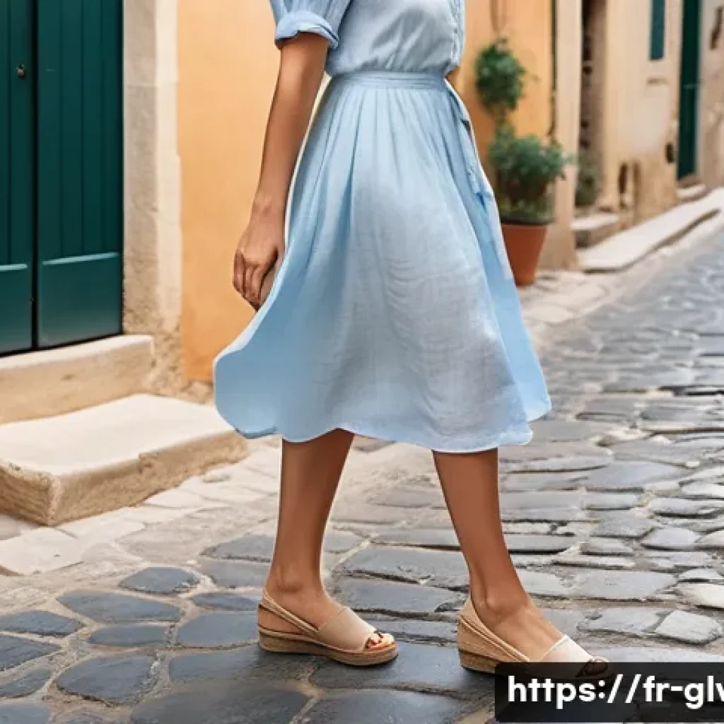 리넨 소재 여름 양말 특징 - **"A woman in her early 30s, exuding relaxed elegance, is captured mid-stride on a sun-drenched cobb...