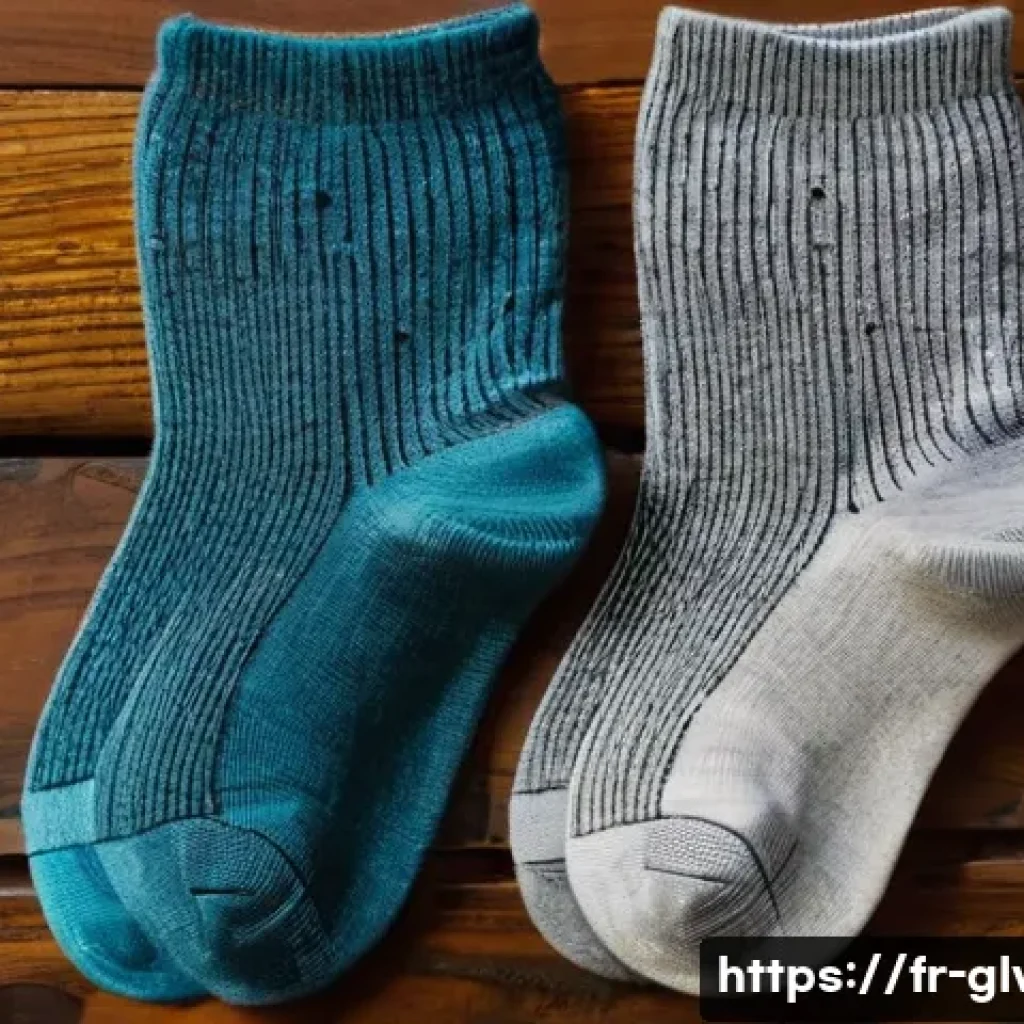 양말 세탁 방법 및 관리 팁 - A detailed close-up image of three pairs of socks arranged neatly on a wooden surface, each pair mad...