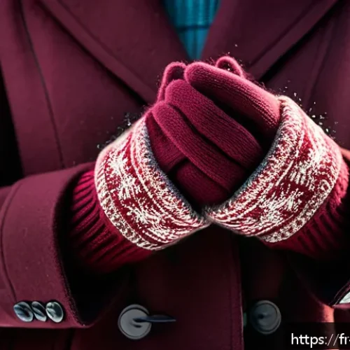 크리스마스 장갑 기프트 추천 - A close-up image of elegant merino wool gloves worn by a person outdoors during a festive winter mar...