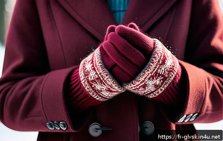 크리스마스 장갑 기프트 추천 - A close-up image of elegant merino wool gloves worn by a person outdoors during a festive winter mar...