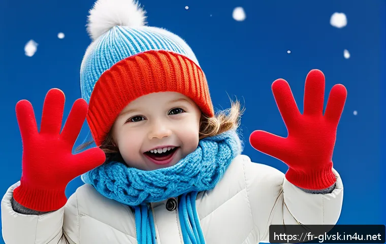 어린이 캐릭터 장갑 트렌드 - A vibrant winter scene featuring a young child wearing colorful children&rsquo;s gloves made from a natura...