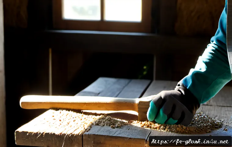 농작업용 장갑 내구성 테스트 - Photorealistic close-up durability test of sturdy agricultural work gloves on a rustic French farm w...