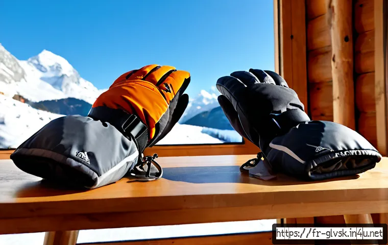 Home 30 스키 장갑 브랜드 비교 - Photorealistic winter sports gear comparison scene for French alpine skiing, four pairs of unbranded...